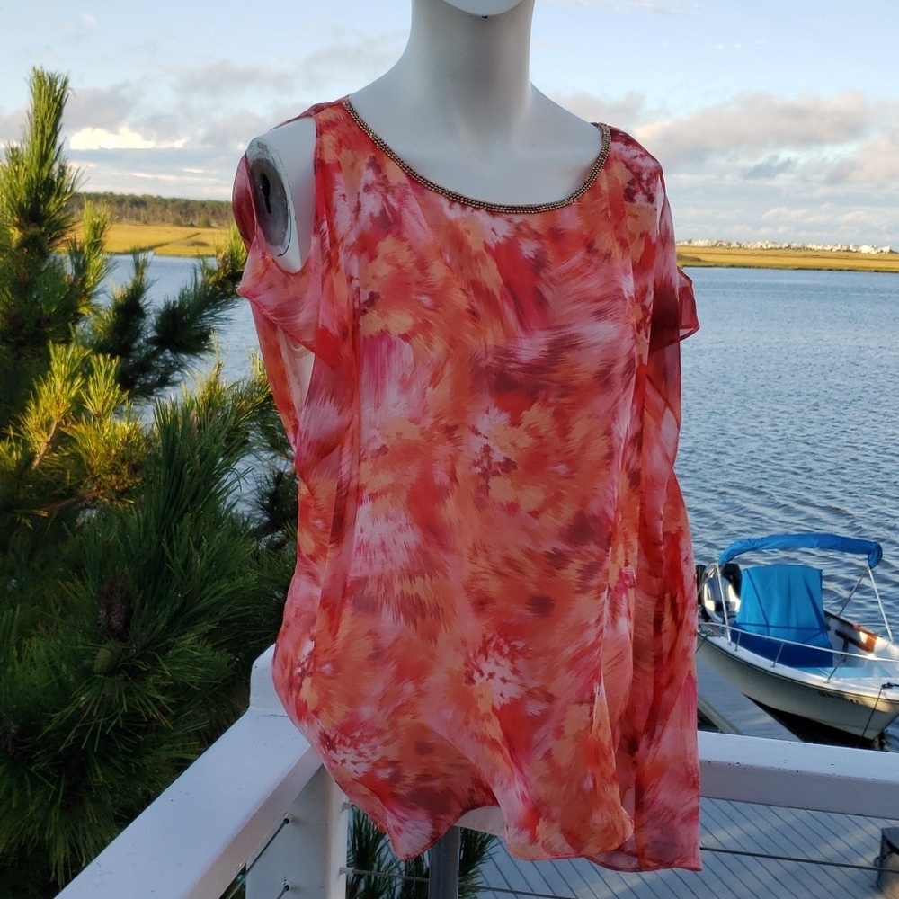 Jennifer Lopez Cold Shoulder sleeveless orange pink waterfall chiffon top, Sz M
